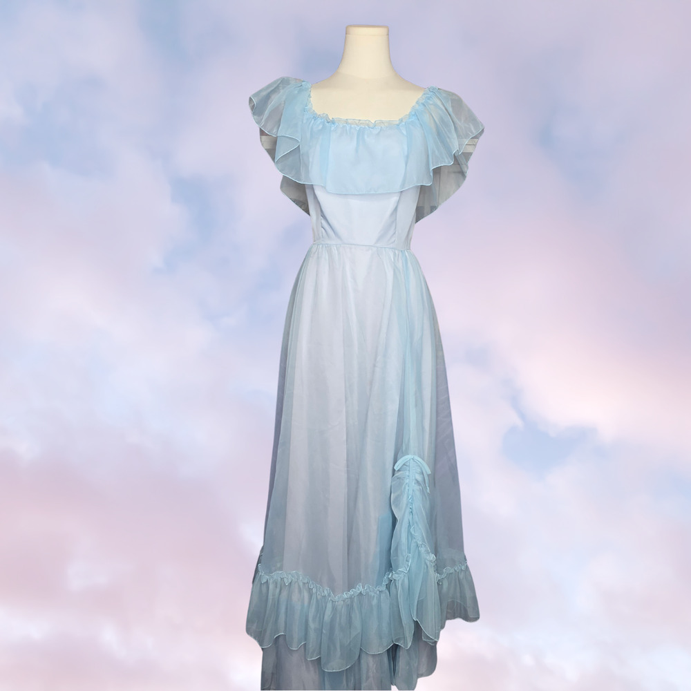 Vtg 70s Union Made Pale Blue Chiffon Ruffle Off Shoulder Formal Maxi Dress Sz 10